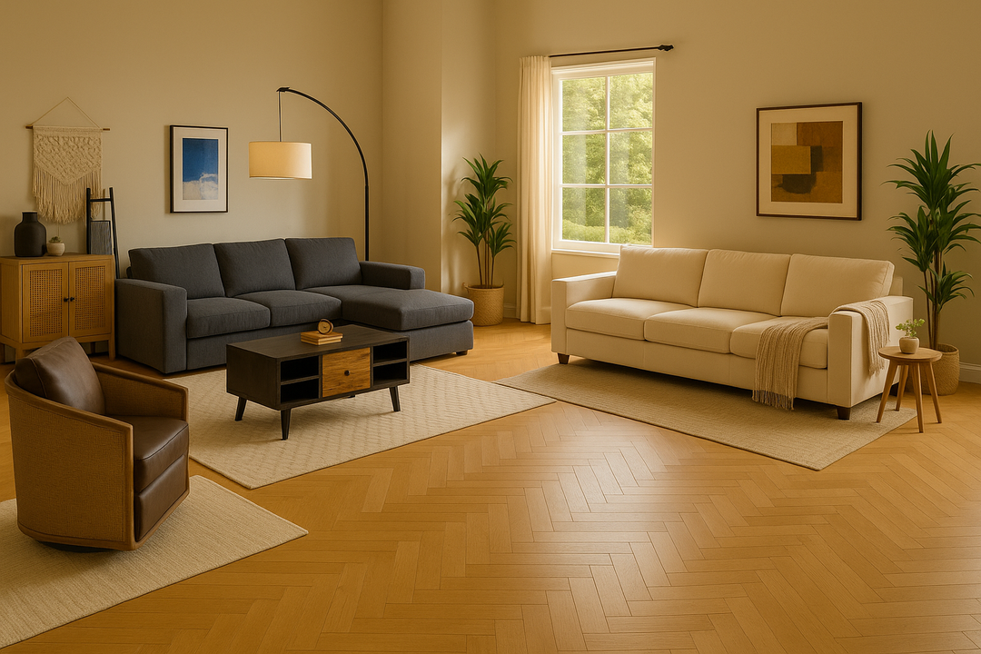 Modern Elegance Living Room Furniture Set – Sectional Sofas, Accent Cabinet & Solid Wood Coffee Table (Beige & Natural)