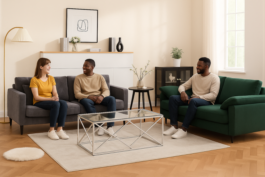 Modern Living Room Furniture Bundle – Chenille Sofas & Glass Coffee Table