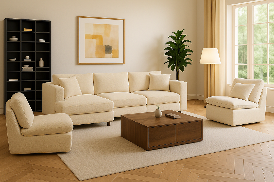 Modern Living Room Bundle – Sofa, Chair, Coffee Table & Storage Rack
