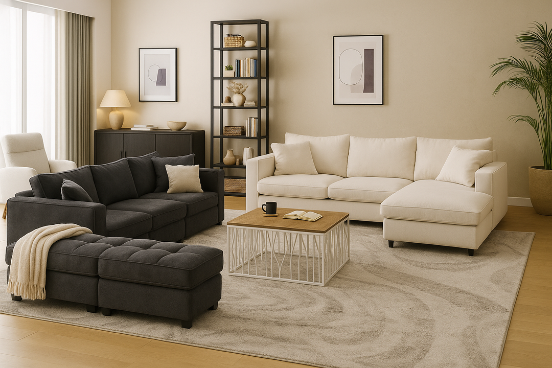 Modern Luxe Living Room Furniture Set – Chenille Sectional Sofa, Linen Chaise, Teddy Accent Chair & Solid Wood Coffee Table
