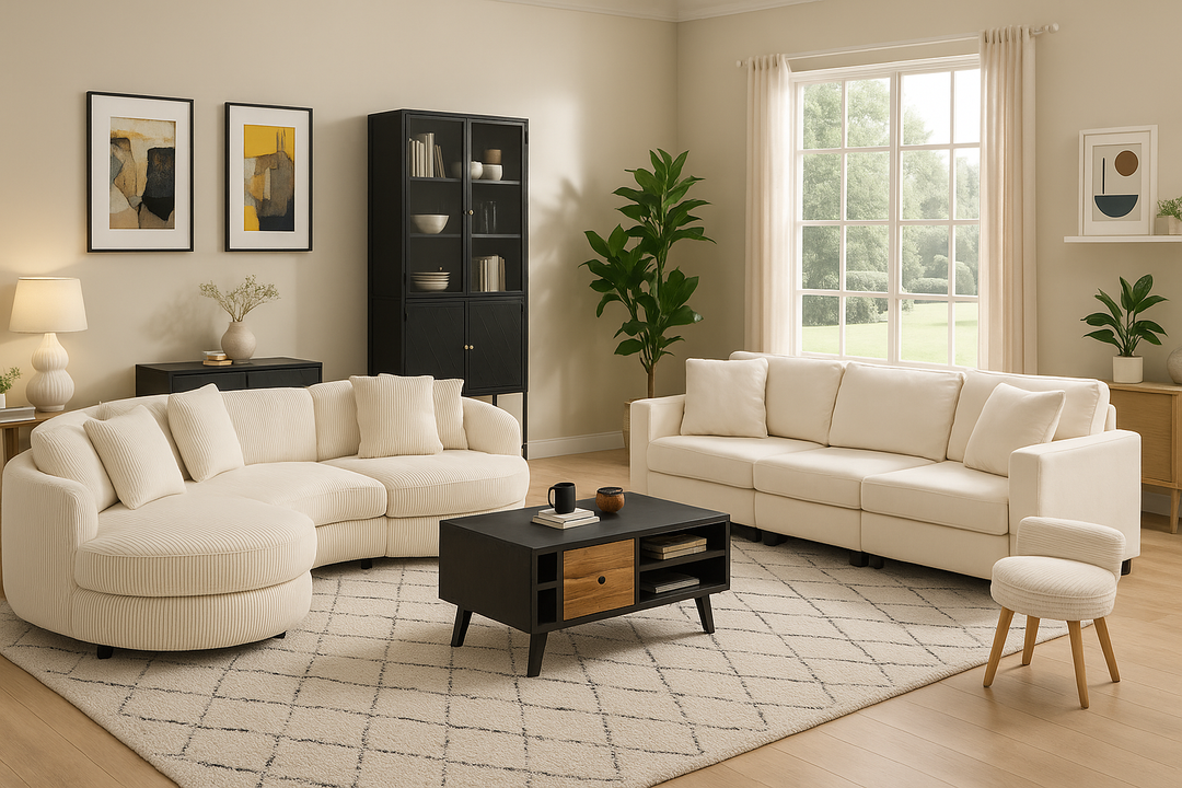Modern Comfort 4-Piece Living Room Set – Oversized Sectional Sofas, Corduroy Couch, Coffee Table & Tall Storage Cabinet