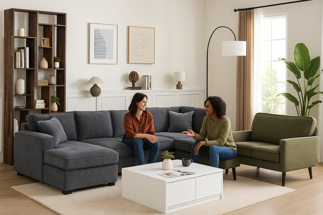 Modern Comfort Living Room Furniture Set – Chenille Sectional Sofa, Coffee Table & Green Loveseat