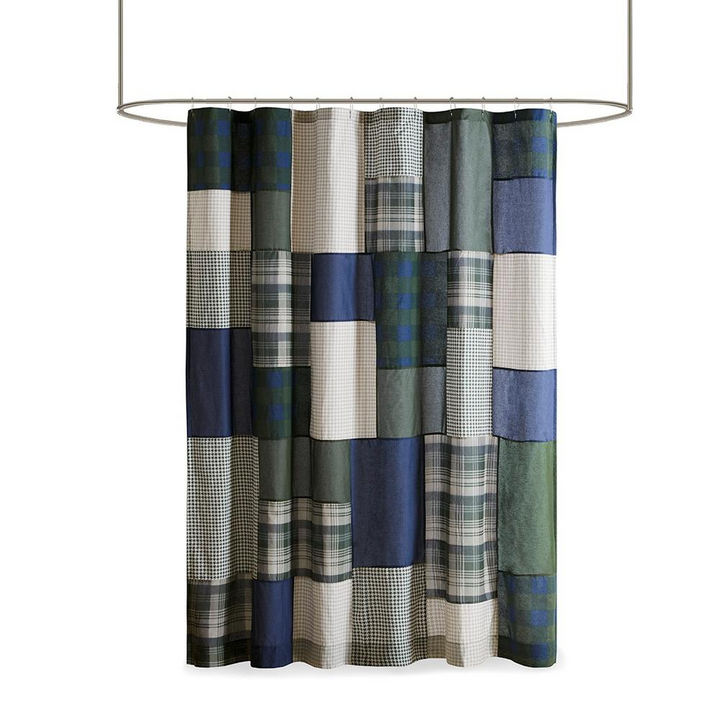 Woolrich Mill Creek Pieced Plaid Patchwork Shower Curtain - Green/Navy/Taupe, 72x72"