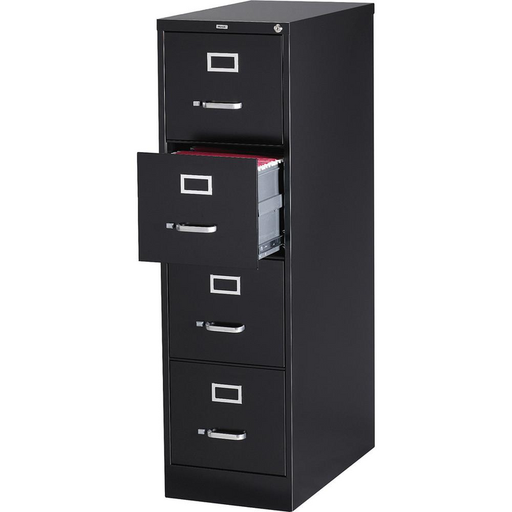 Lorell Vertical file - 4-Drawer - 15" x 26.5" x 52" - 4 x Drawer(s) for File - Letter - Vertical - Security Lock, Ball-bearing Suspension, Heavy Duty - Black - Steel - Recycled