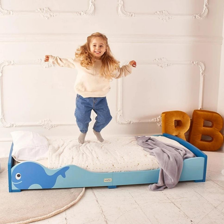 Low Kids Bed Montessori Style, Blue Whale Design for Children 2-5 Years, MDF with Water-Based Paint
