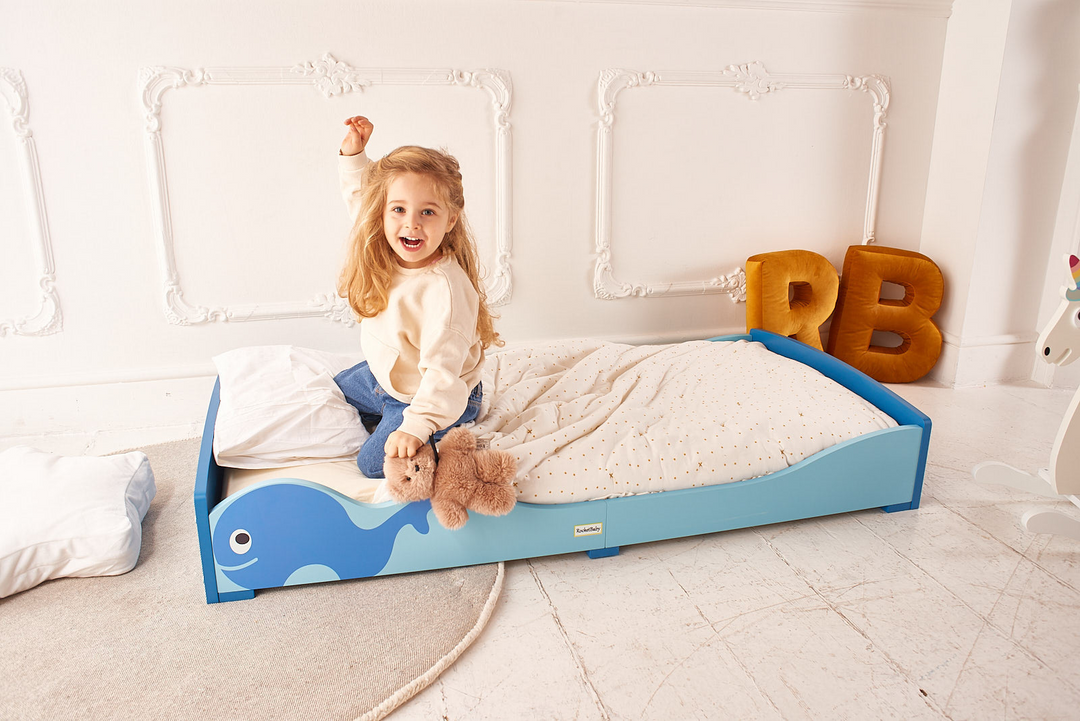 Low Kids Bed Montessori Style, Blue Whale Design for Children 2-5 Years, MDF with Water-Based Paint