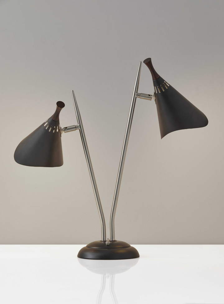 Matte Black Metal Two Light Desk Lamp - Vintage Mid-Century Modern Design, Smart Outlet Compatible