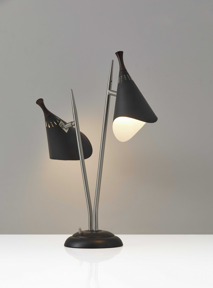 Matte Black Metal Two Light Desk Lamp - Vintage Mid-Century Modern Design, Smart Outlet Compatible