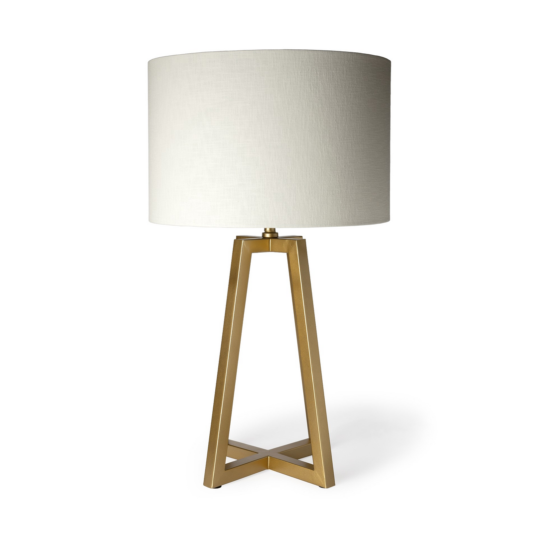 Metallic Gold Tone Geometric Table Lamp with Off-White Drum Shade