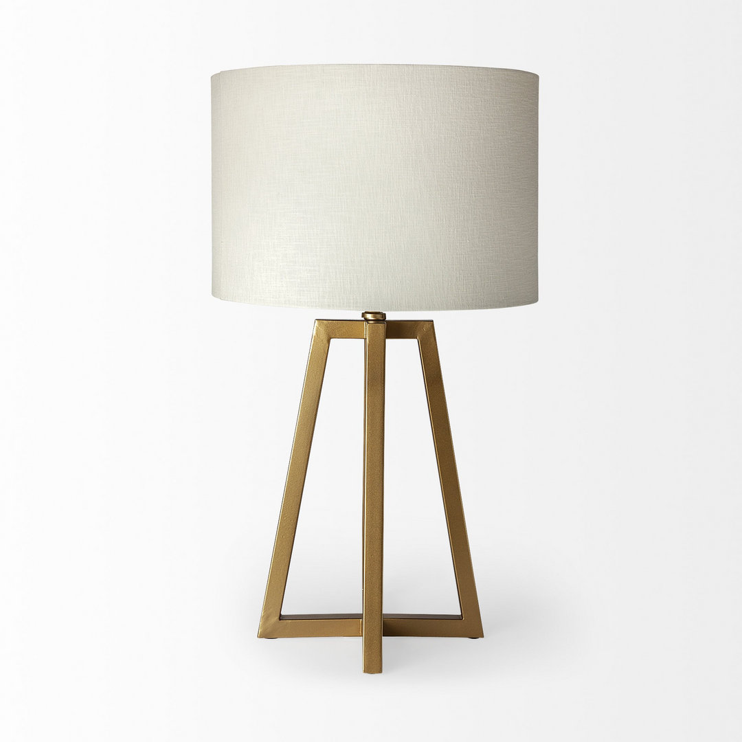 Metallic Gold Tone Geometric Table Lamp with Off-White Drum Shade