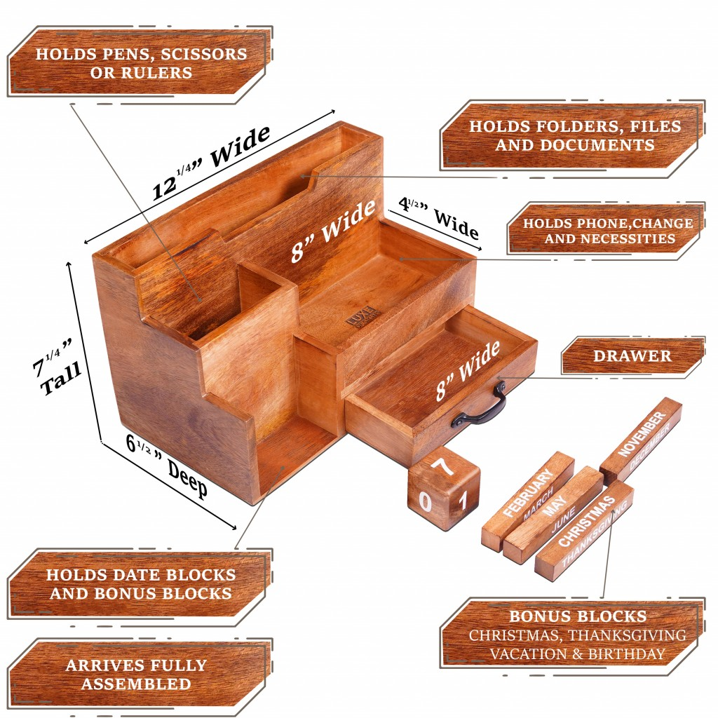 Natural Rustic Wood Desk/Counter Organizer with Calendar Blocks