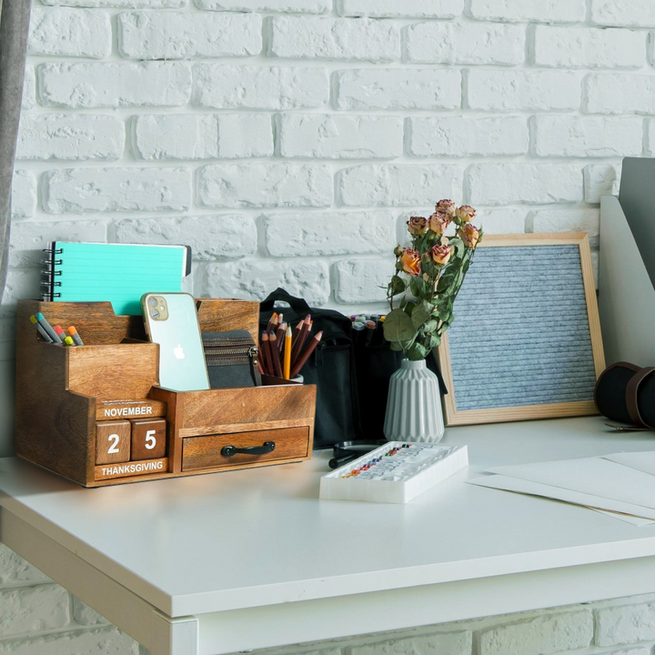 Natural Rustic Wood Desk/Counter Organizer with Calendar Blocks