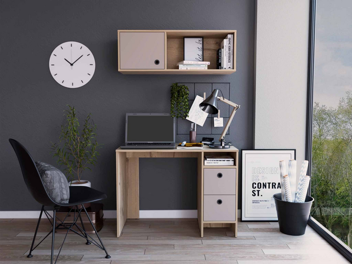 39" Modern Taupe and Natural Two-Piece Desk and Shelf Set