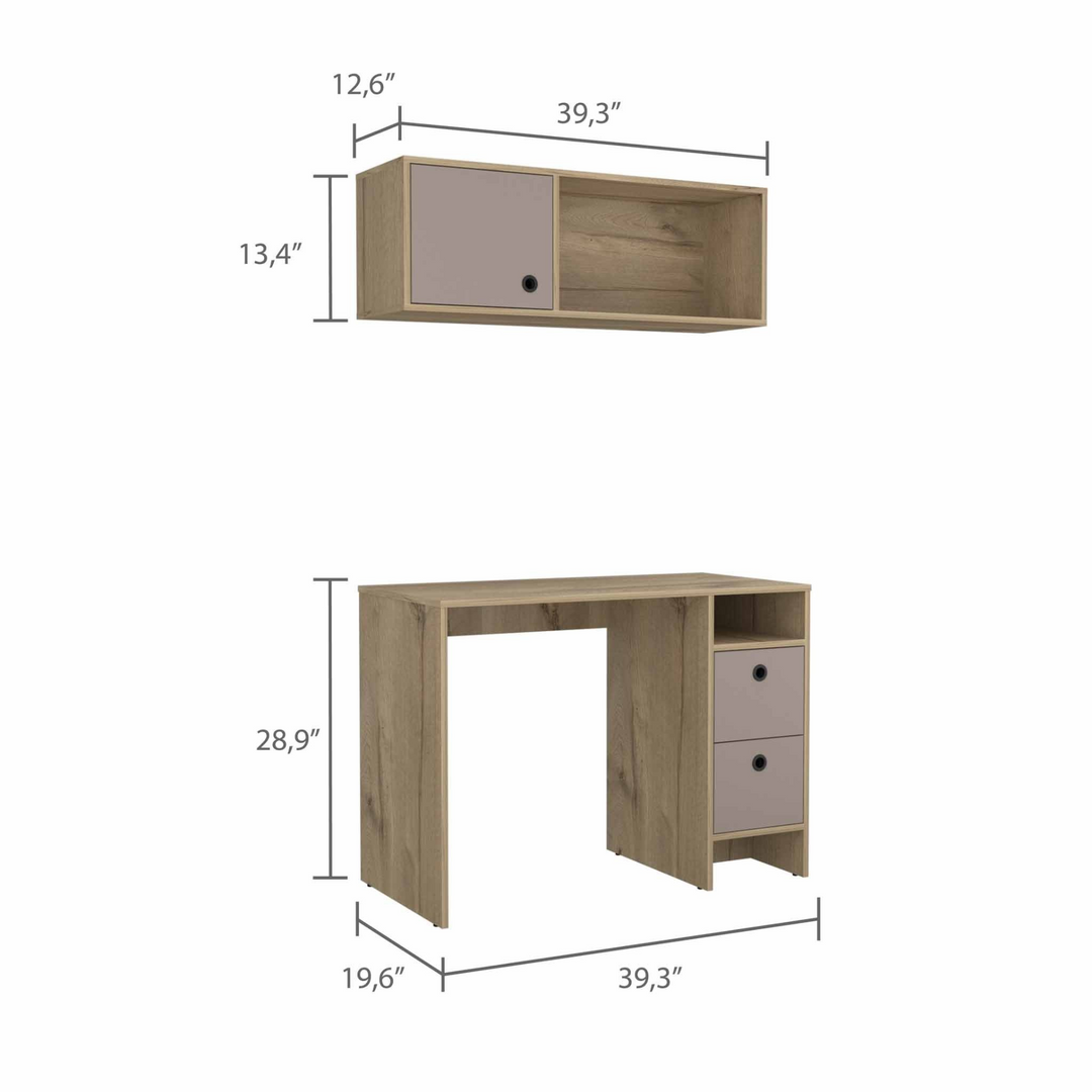 39" Modern Taupe and Natural Two-Piece Desk and Shelf Set