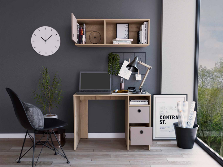 39" Modern Taupe and Natural Two-Piece Desk and Shelf Set