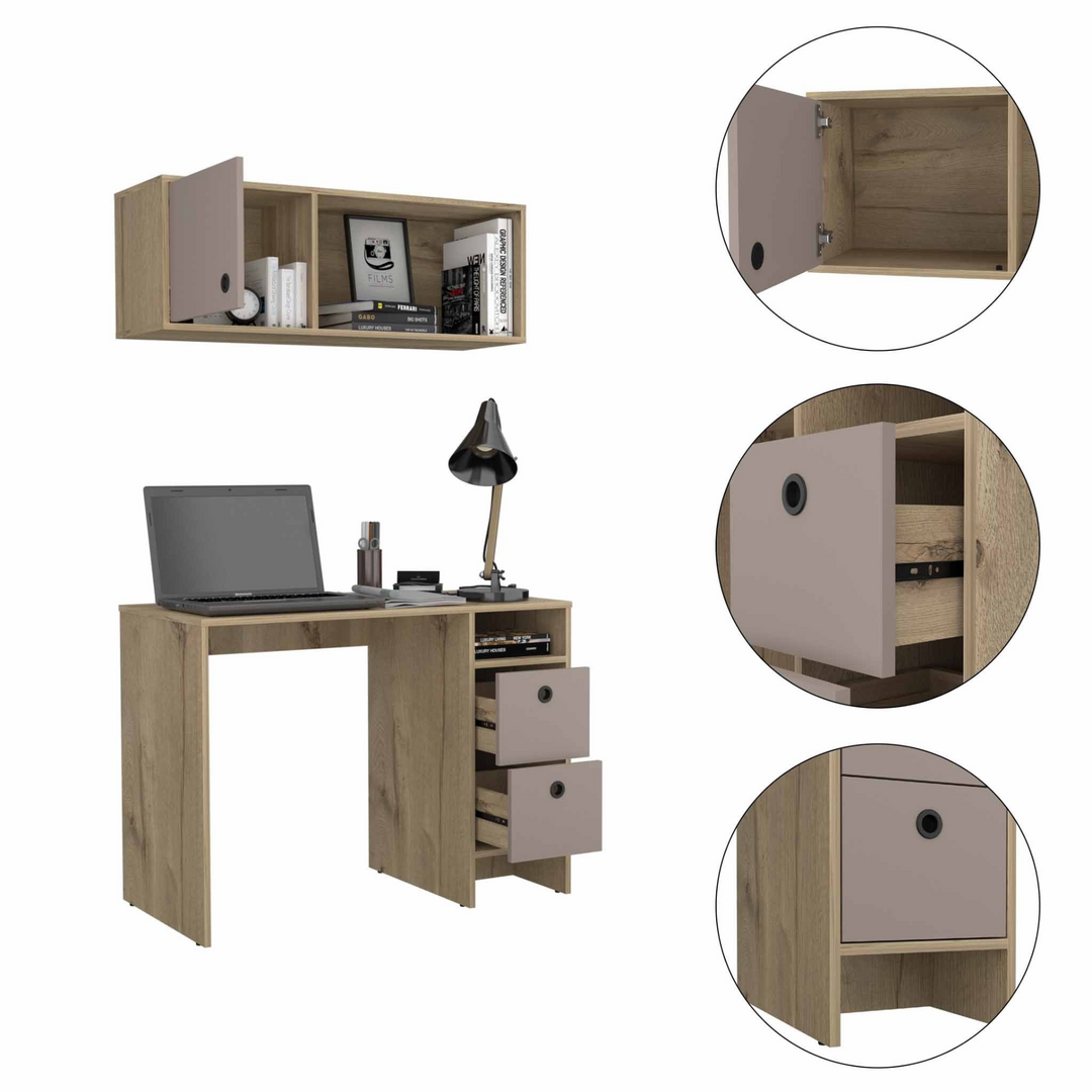 39" Modern Taupe and Natural Two-Piece Desk and Shelf Set