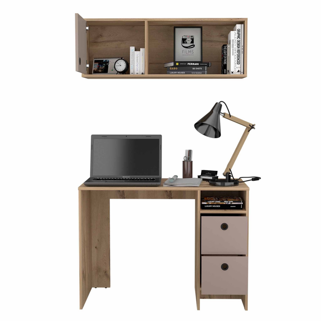 39" Modern Taupe and Natural Two-Piece Desk and Shelf Set