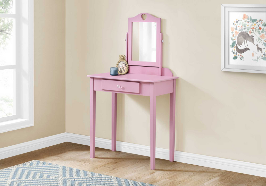 Contemporary Pink Vanity Table with Mirror and Storage Drawer