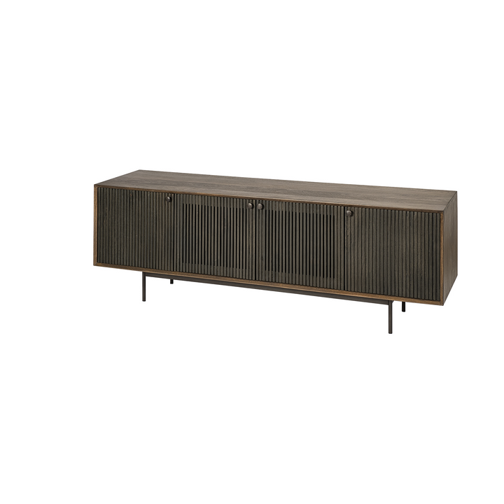 Medium Brown Mango Wood Finish TV Stand Media Console with 4 Shutter-Style Doors - Modern Media Cabinet