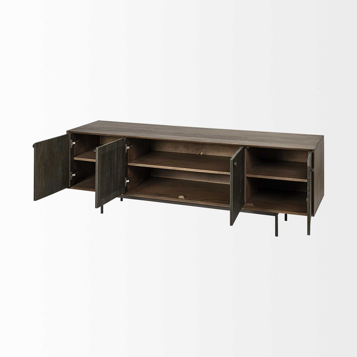 Medium Brown Mango Wood Finish TV Stand Media Console with 4 Shutter-Style Doors - Modern Media Cabinet