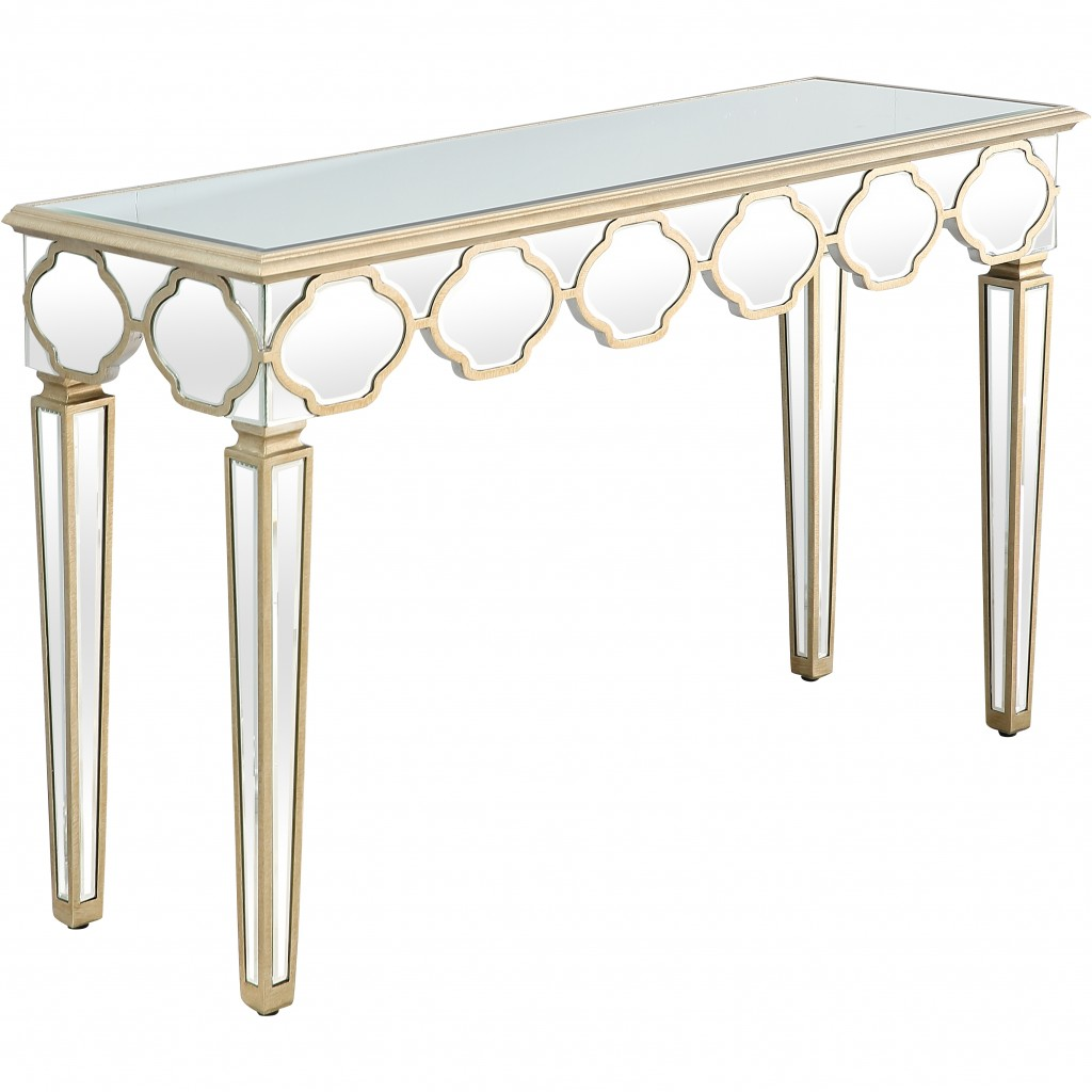 Scalloped Edge Console Table - Elegant Mirrored Design with Gold Accents