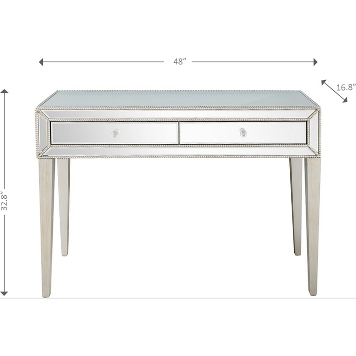 Silver Beaded Console Table - Elegant Mirrored Design with Crystal Knobs