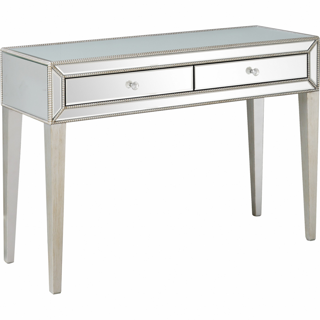 Silver Beaded Console Table - Elegant Mirrored Design with Crystal Knobs