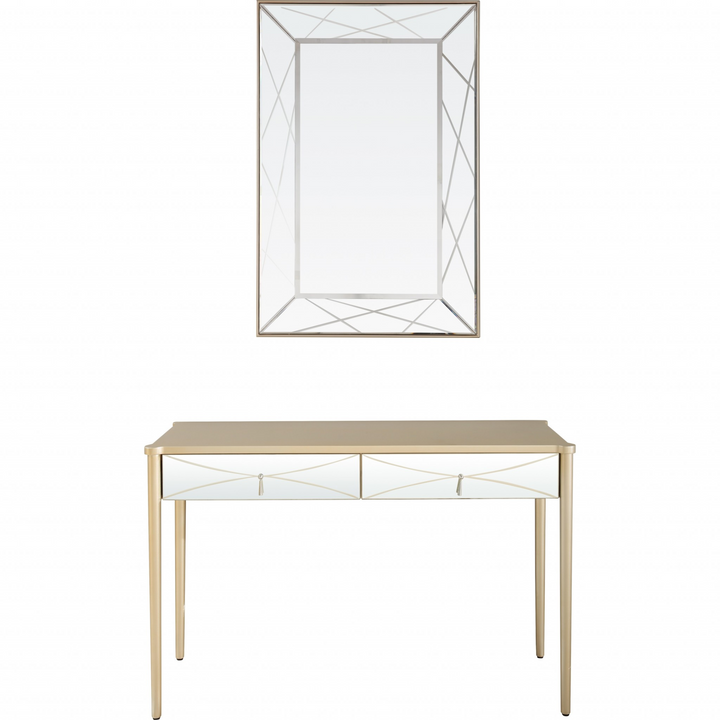 Modern Champagne Finish Console Table with Mirror Drawers