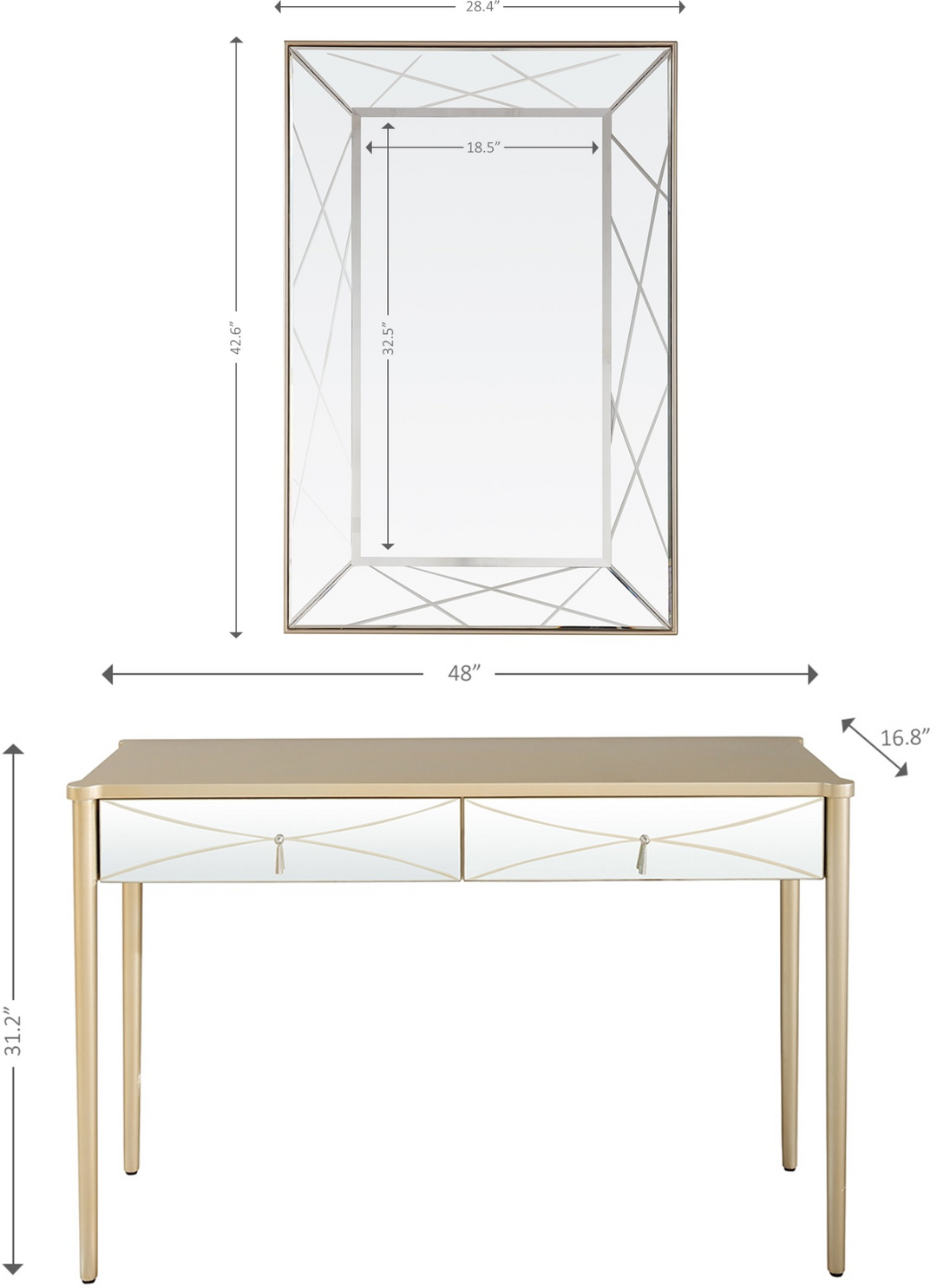 Modern Champagne Finish Console Table with Mirror Drawers