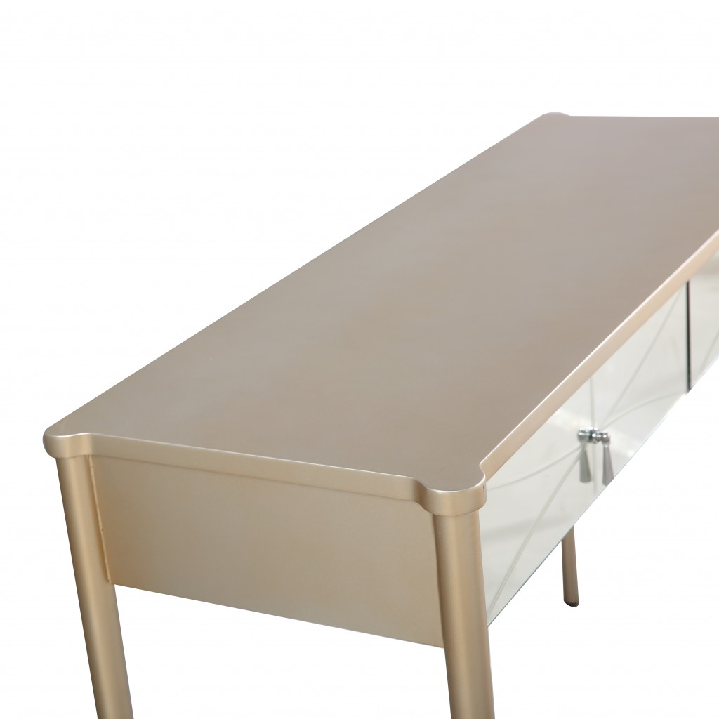 Modern Champagne Finish Console Table with Mirror Drawers