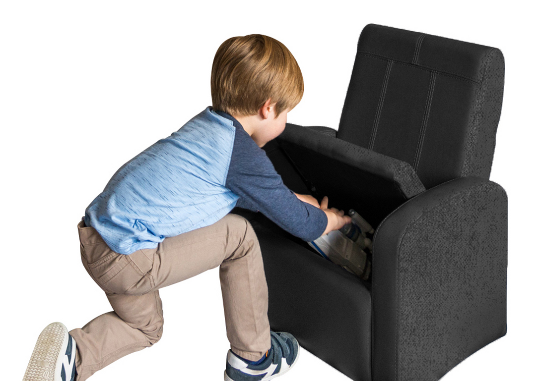 Kids Black Comfy Upholstered Recliner Chair with Storage - STASH Folding Sofa Chair with Hidden Storage Chest & Ottoman