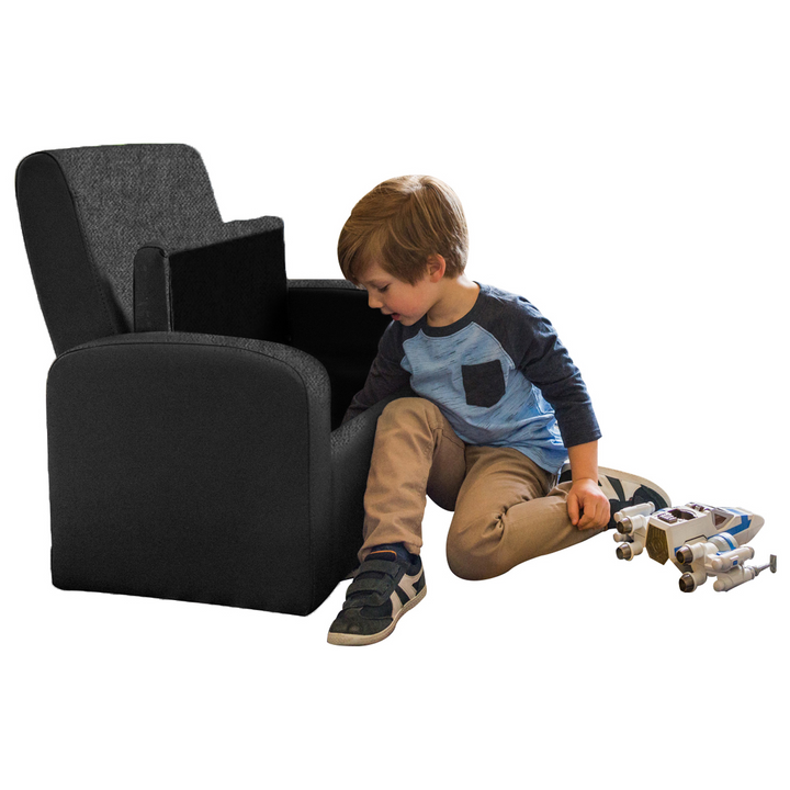 Kids Black Comfy Upholstered Recliner Chair with Storage - STASH Folding Sofa Chair with Hidden Storage Chest & Ottoman