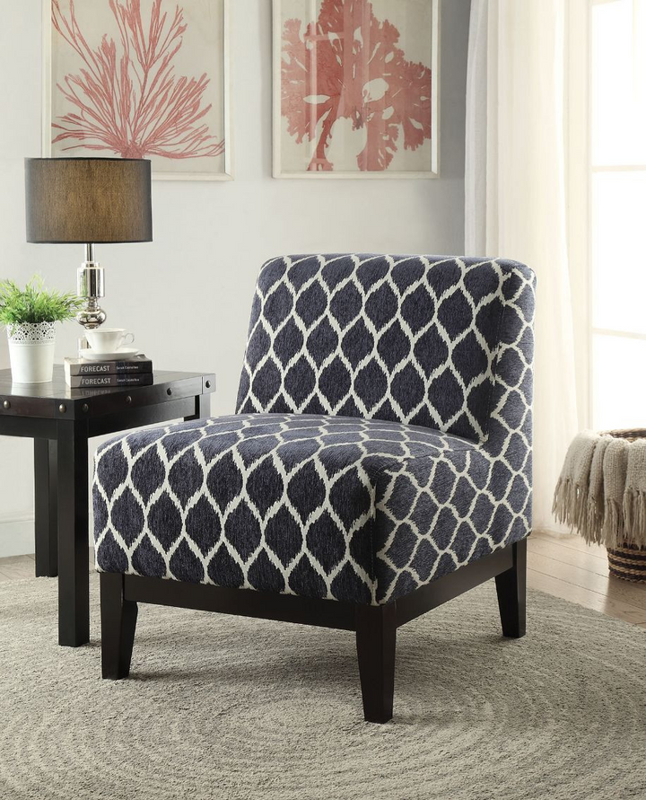 Elegant 28" Dark Blue Chenille Slipper Chair with Black Trellis Pattern
