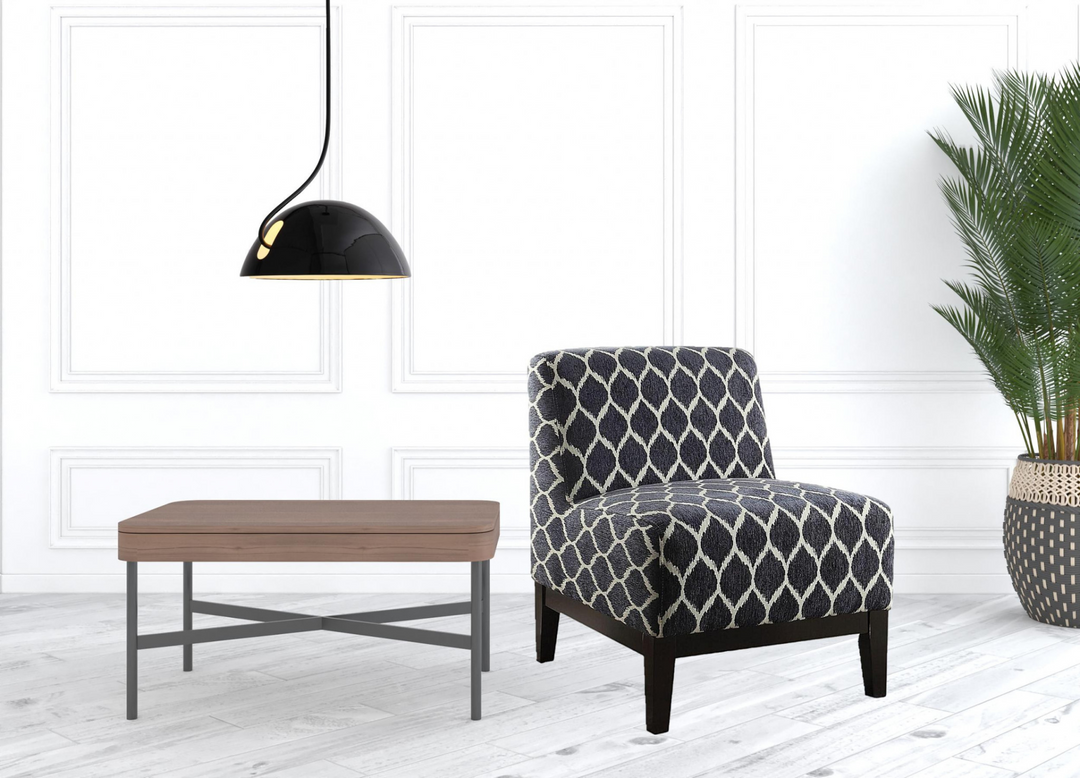 Elegant 28" Dark Blue Chenille Slipper Chair with Black Trellis Pattern