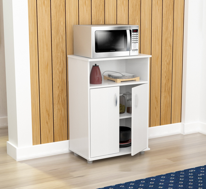 Contemporary White Wood Microwave Cart with Cabinet