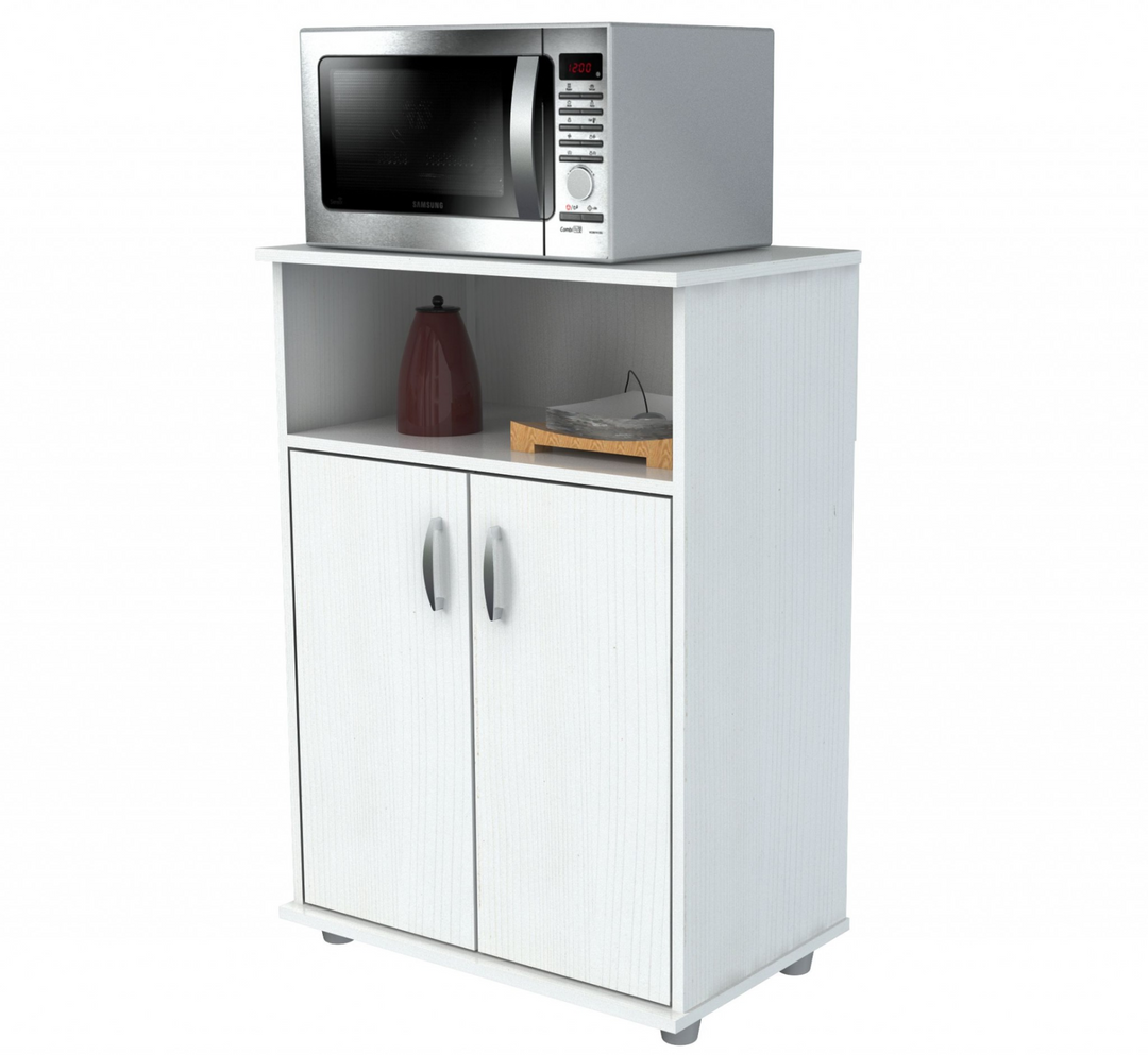 Contemporary White Wood Microwave Cart with Cabinet