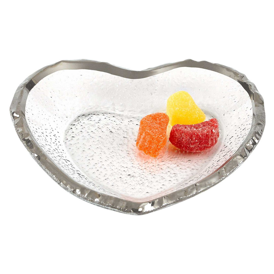 8" Mouth Blown Seeded Glass Heart Plate with Silver Rim – Home Decor