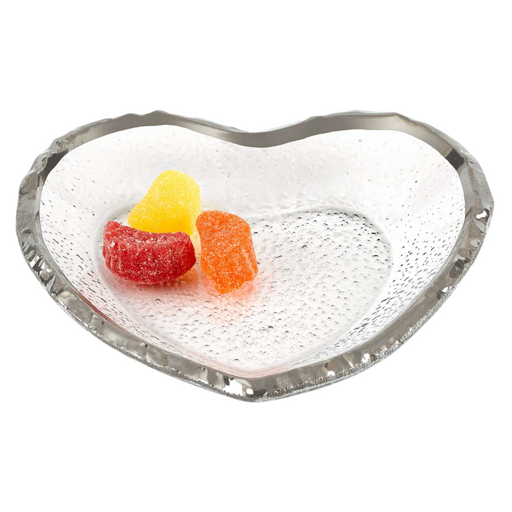 8" Mouth Blown Seeded Glass Heart Plate with Silver Rim – Home Decor