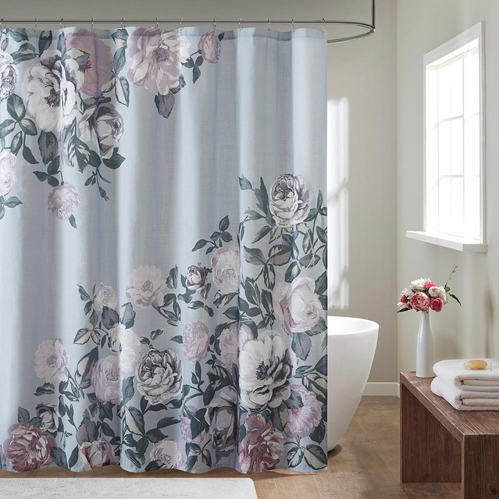 Madison Park Charisma Cotton Floral Printed Shower Curtain - Purple/Mauve/Green on Grey