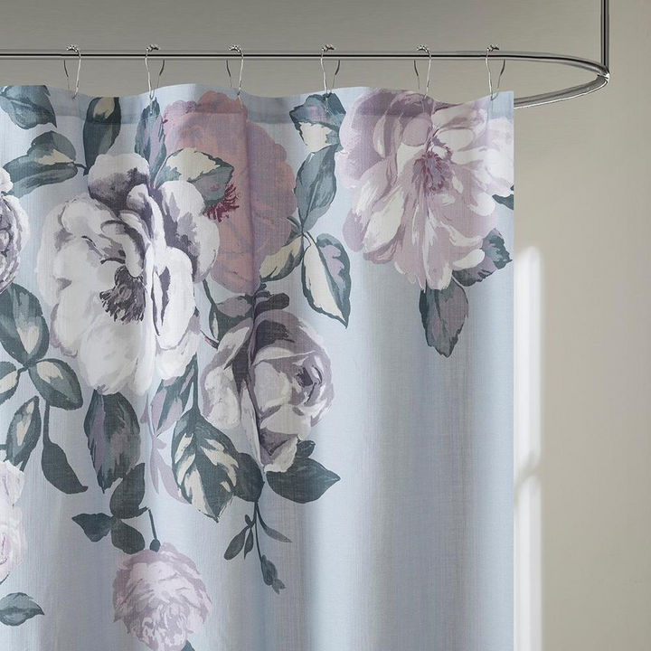 Madison Park Charisma Cotton Floral Printed Shower Curtain - Purple/Mauve/Green on Grey