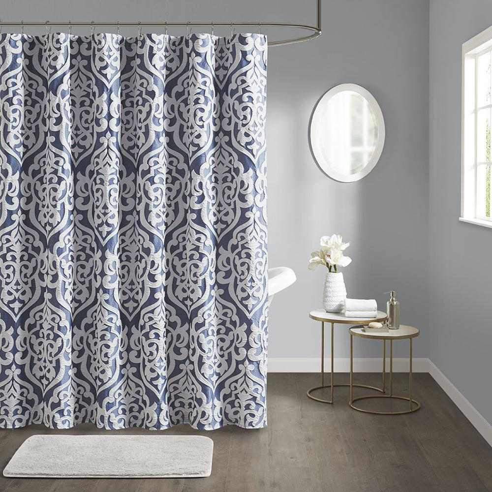 Madison Park Odette Jacquard Shower Curtain - Silver Damask Medallion Design - 72x72 Inches