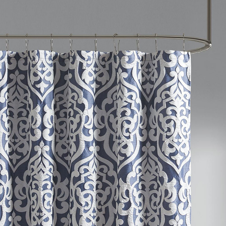 Madison Park Odette Jacquard Shower Curtain - Silver Damask Medallion Design - 72x72 Inches