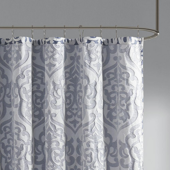 Madison Park Odette Jacquard Shower Curtain - Silver Damask Medallion Design - 72x72 Inches