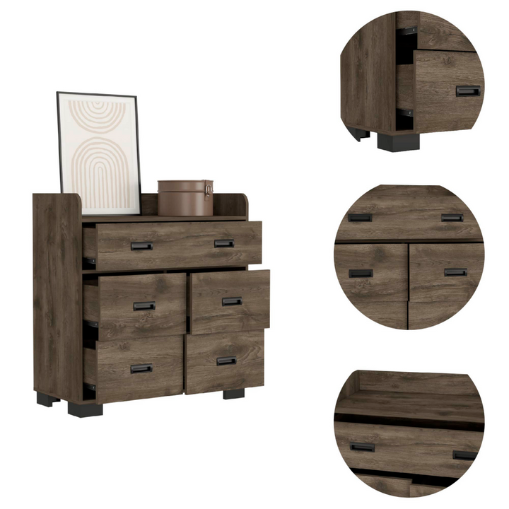 Wuuman Dresser - Four Drawers and Single Double Drawer in Dark Brown Finish