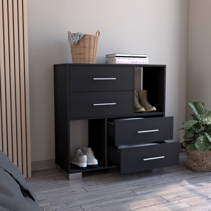 Dresser Hetzs - with Four Drawers and Two Open Shelves in Black Wengue Finish