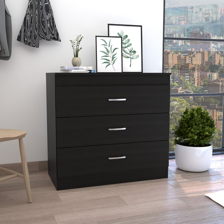 Lial Three Drawer Dresser - Superior Top, Metal Hardware, Black Wengue Finish