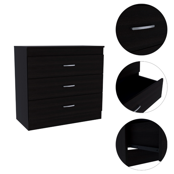 Lial Three Drawer Dresser - Superior Top, Metal Hardware, Black Wengue Finish