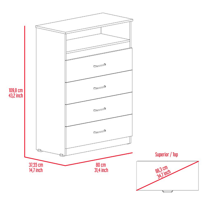 Dresser Atlanta - Four Drawers and Open Shelf in White Finish