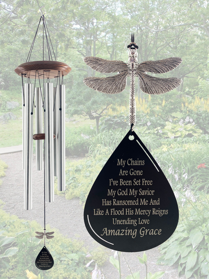 Dragonfly "Amazing Grace" Memorial Silver Large 28 inch Wind Chime by Weathered Raindrop