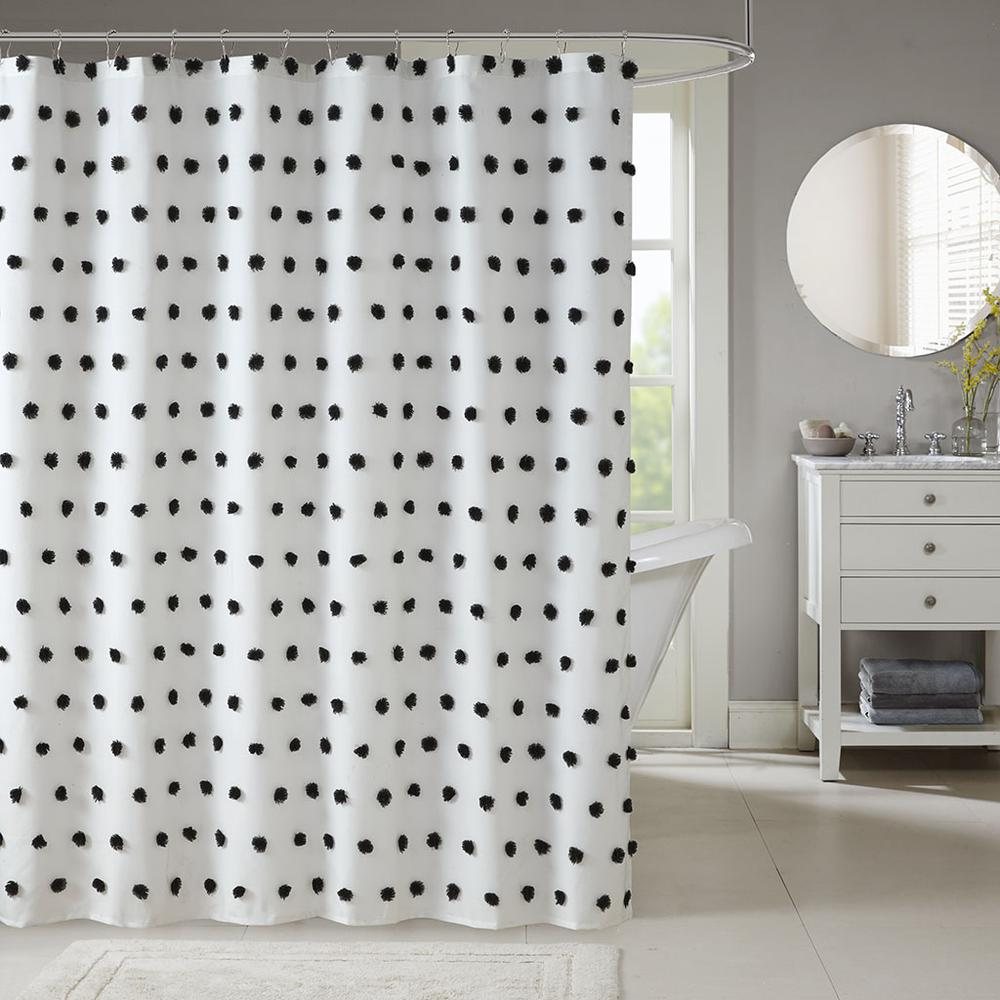 Madison Park Sophie Shower Curtain - White with Black Pom Poms - 72x72 Inches - Machine Washable